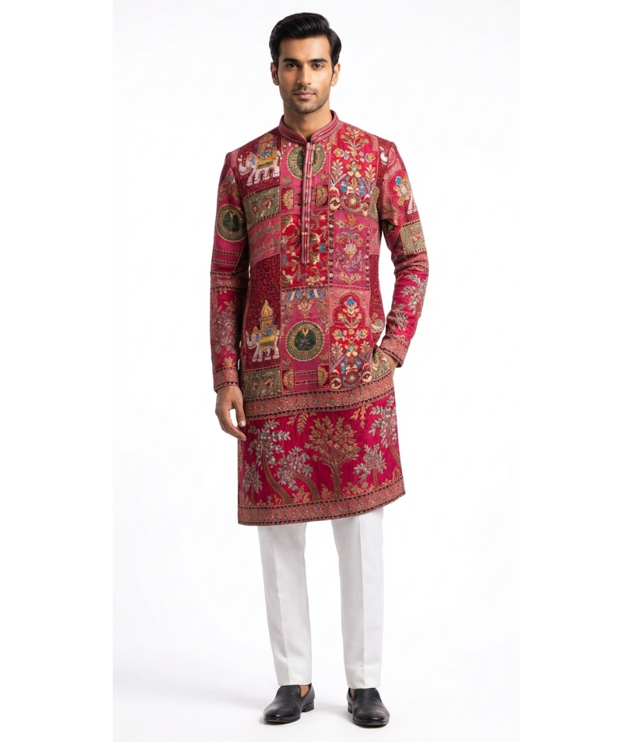 Maroon Multicolour Printed Patchwork-Style Kurta