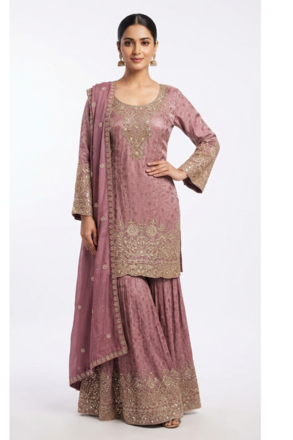 Dusty Rose Embroidered Kurta Palazzo Set