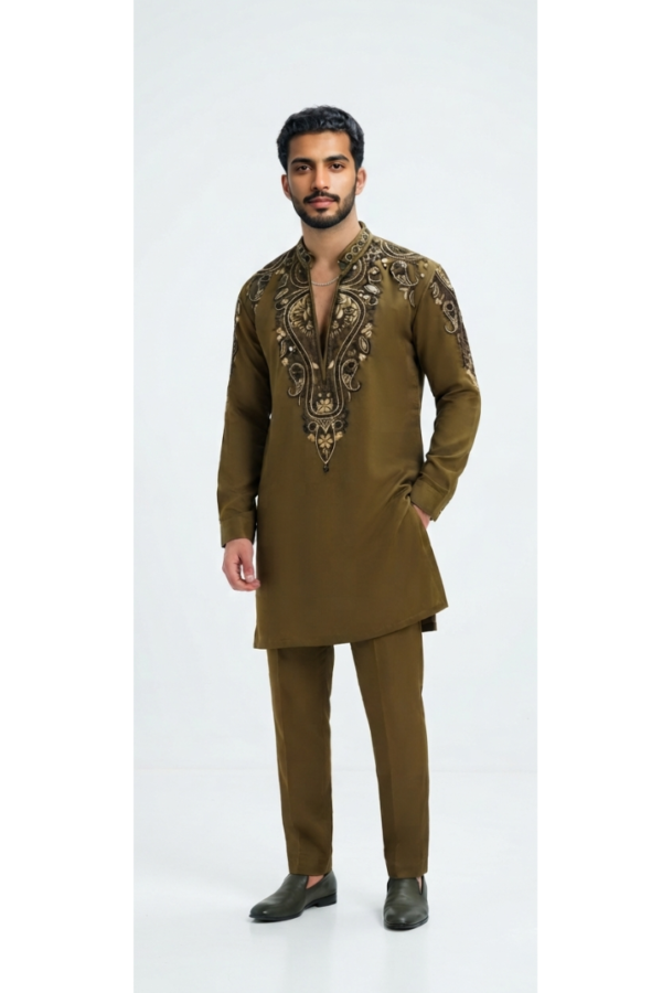 Olive Green Embroidered Kurta Pajama