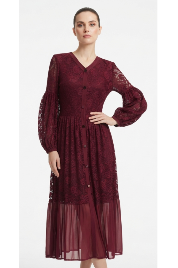 Burgundy Floral Lace V-Neck Button-Front Flared Midi Dress
