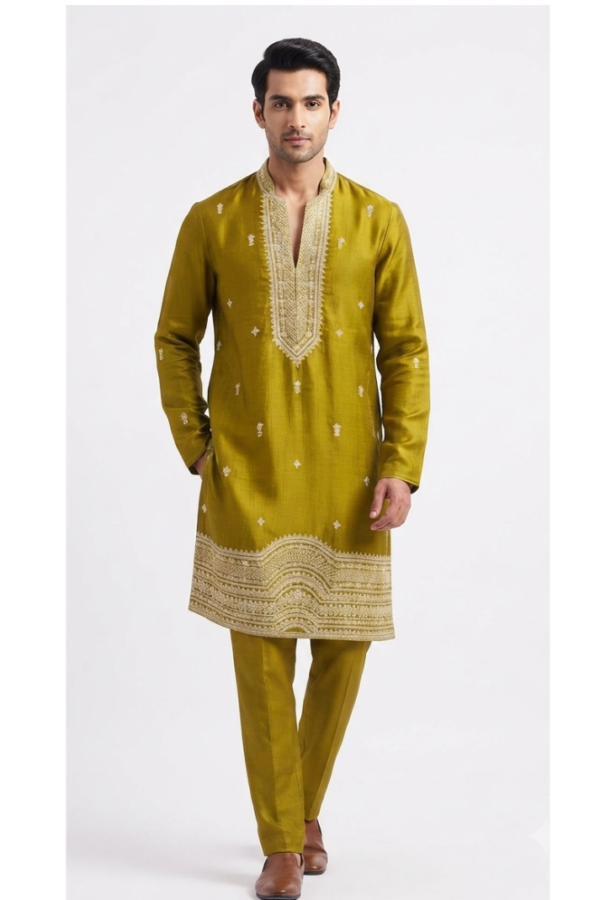 Olive Green Embroidered Kurta Pajama