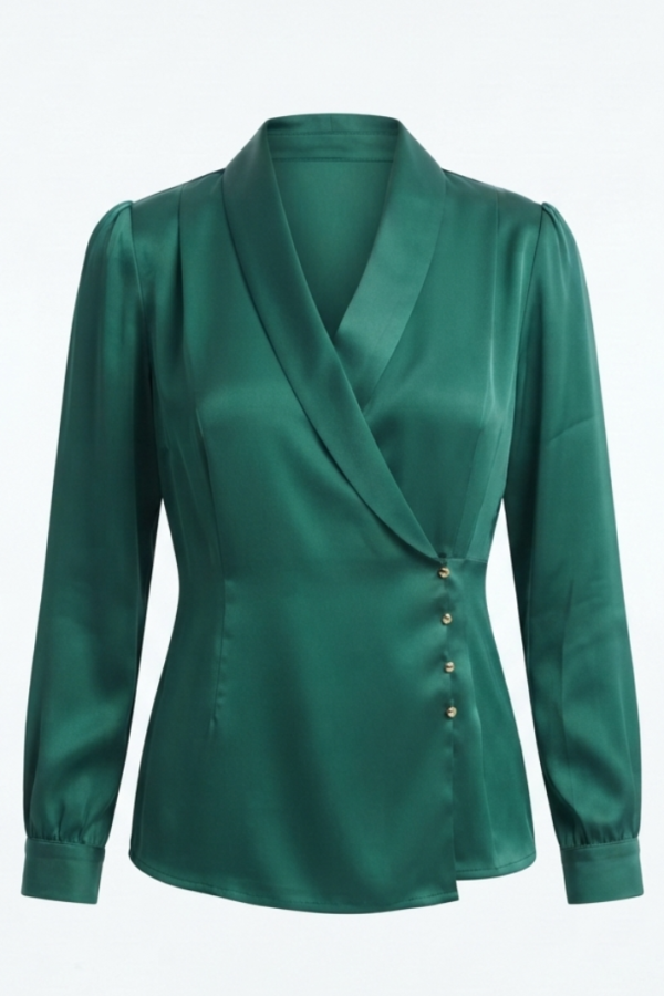 Emerald Green Solid Wrap-Style Top with Shawl Collar and Long Sleeves