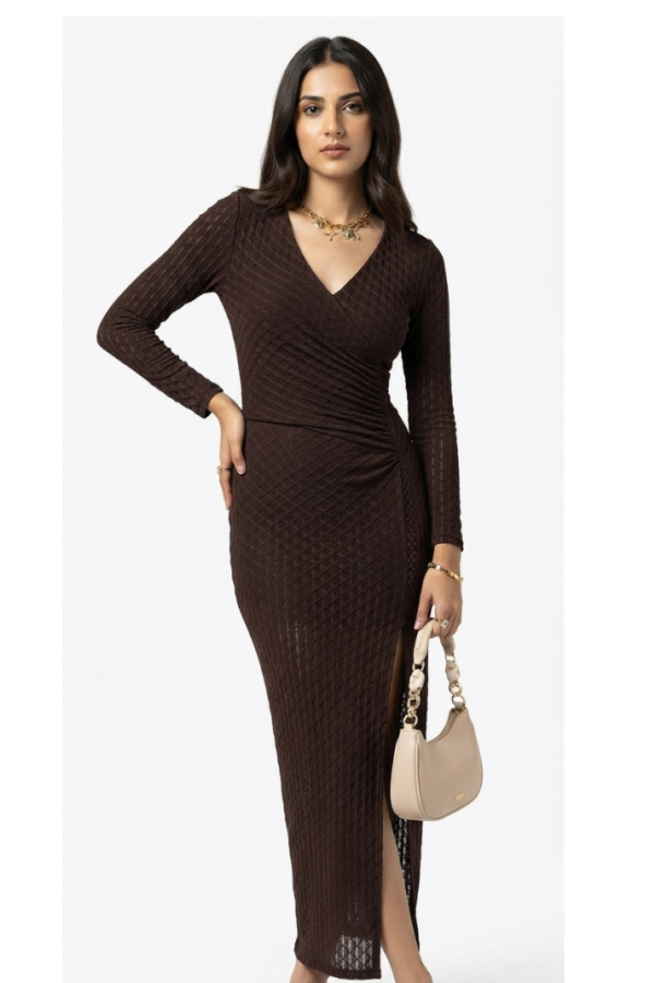 Chocolate Brown Textured Wrap-Style Maxi Dress