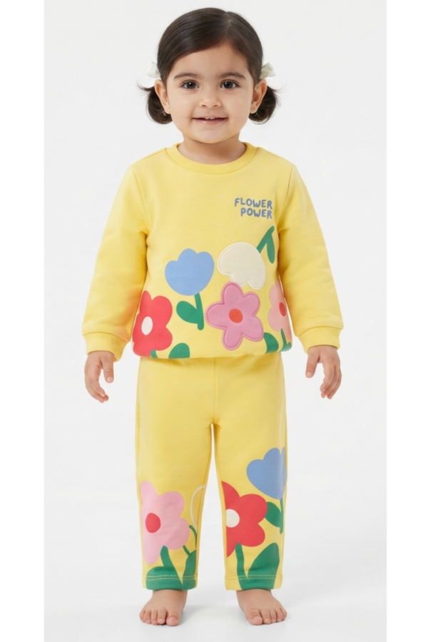 Girls’ Yellow Floral Printed Sweatshirt & Pants Co-Ord Set