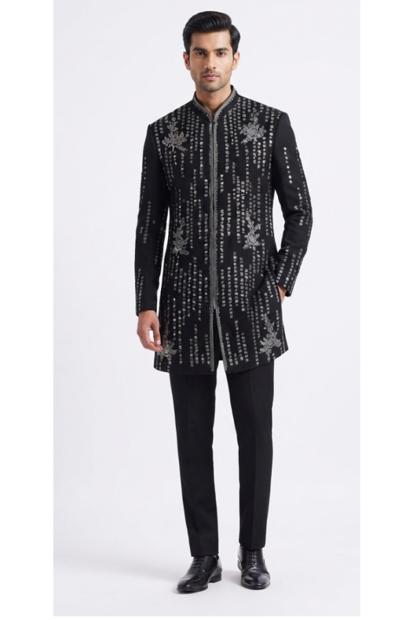 Men’s Black Embellished Bandhgala Jacket & Trousers Set