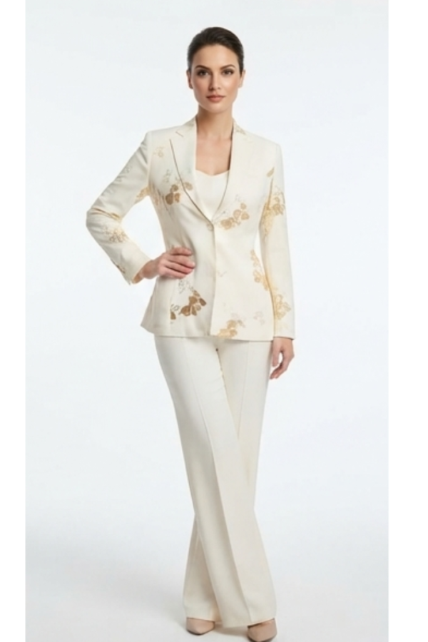 Women’s Ivory Embellished Blazer & Wide-Leg Trousers Set
