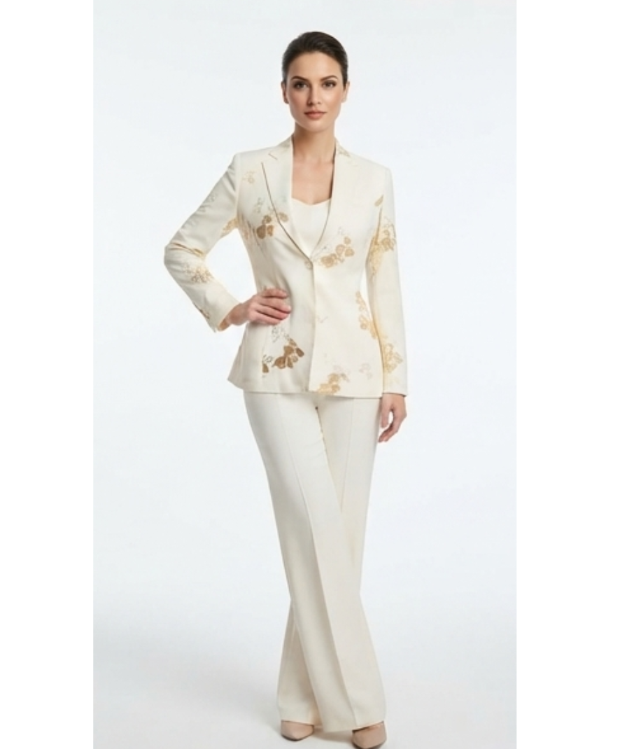 Women’s Ivory Embellished Blazer & Wide-Leg Trousers Set