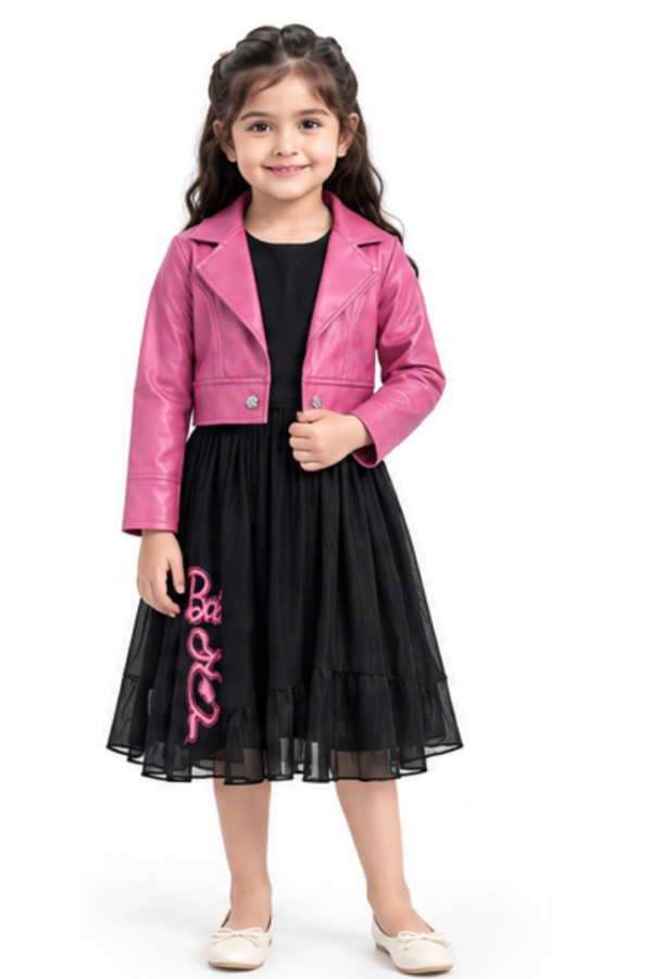 Girls’ Pink Cropped Jacket & Black Flared Dress
