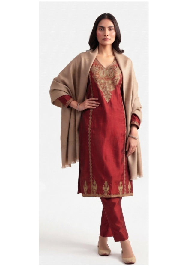 Women's Maroon V-Neck Full-Sleeve Embroidered Straight Kurta
