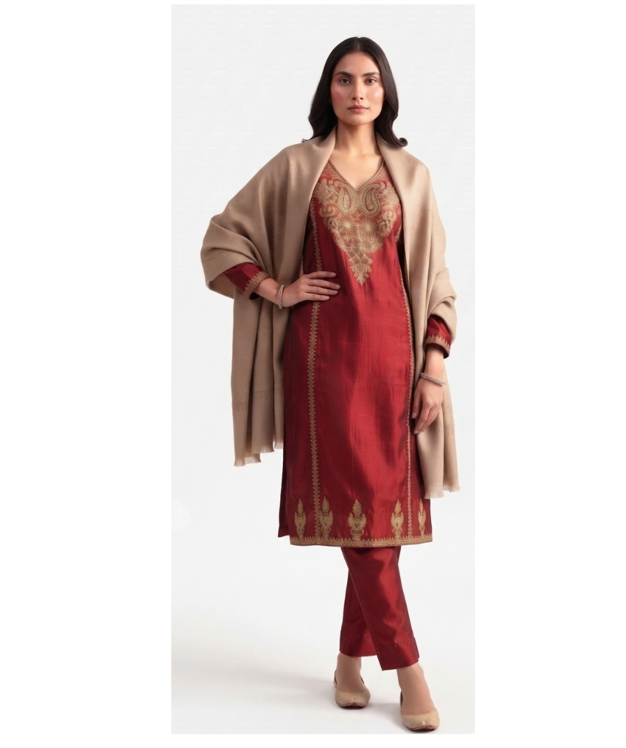 Women's Maroon V-Neck Full-Sleeve Embroidered Straight Kurta