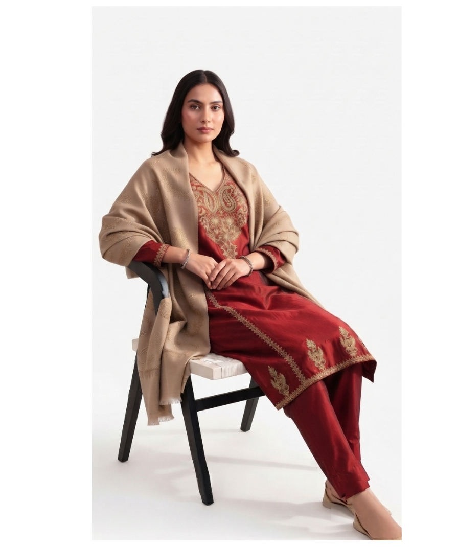 Women's Maroon V-Neck Full-Sleeve Embroidered Straight Kurta - Image 3