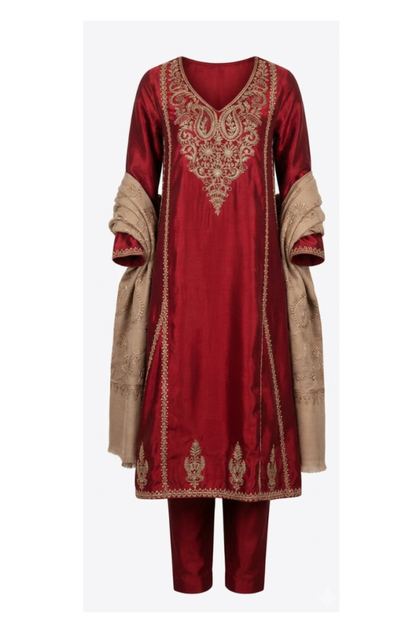 Women's Maroon V-Neck Full-Sleeve Embroidered Straight Kurta
