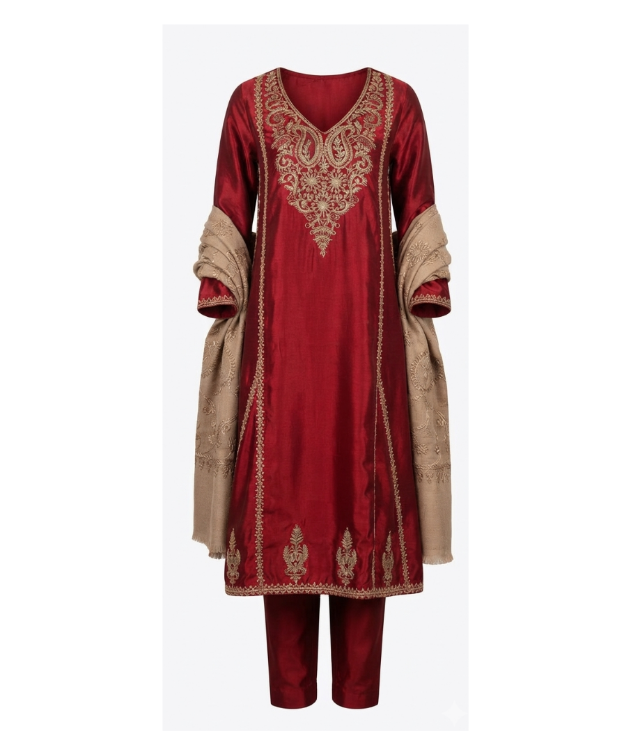 Women's Maroon V-Neck Full-Sleeve Embroidered Straight Kurta - Image 2