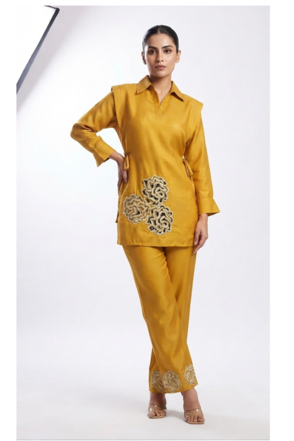 Mustard Yellow Embroidered Shirt-Style Kurta Set