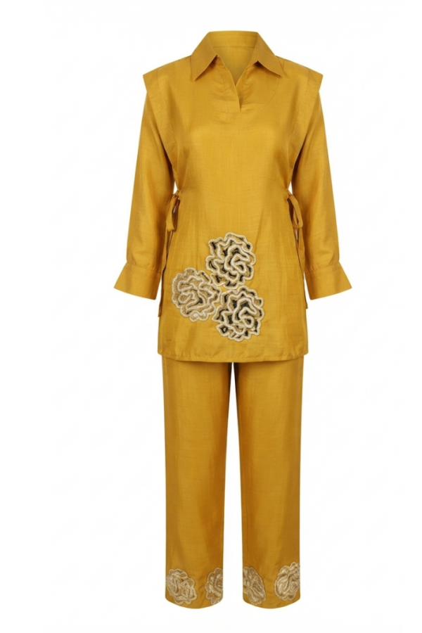 Mustard Yellow Embroidered Shirt-Style Kurta Set