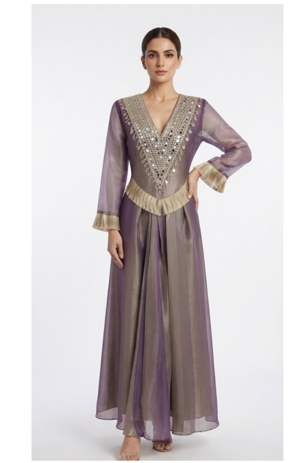 Purple & Taupe Embellished V-Neck Flared Co-ord Set