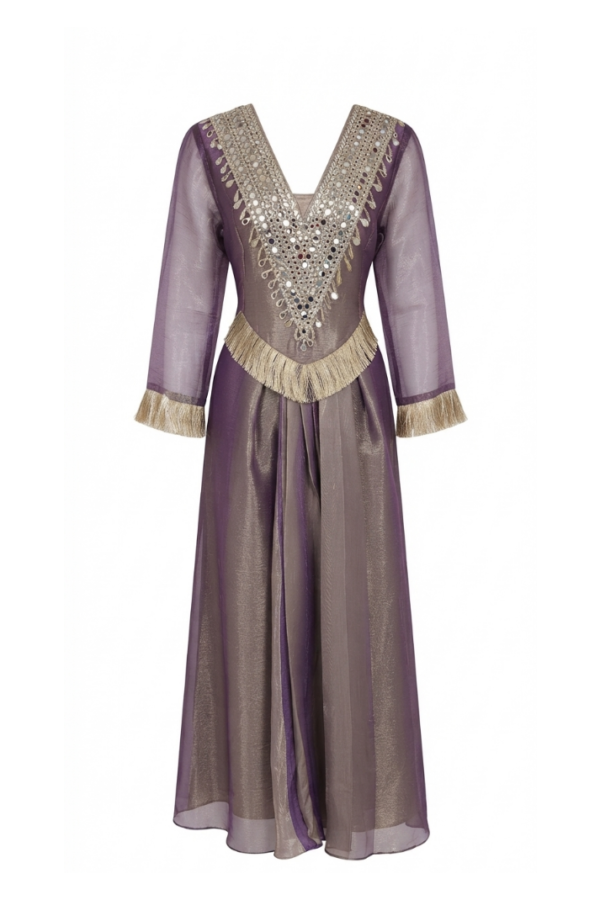 Purple & Taupe Embellished V-Neck Flared Co-ord Set