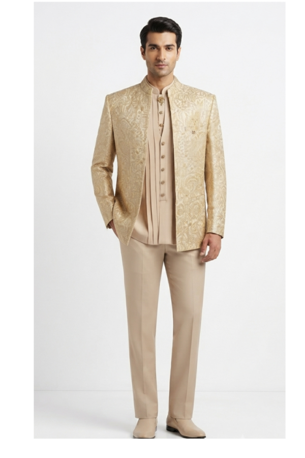Men’s Beige Jacquard Patterned Bandhgala Set