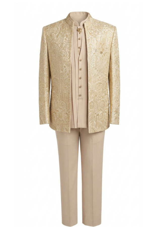 Men’s Beige Jacquard Patterned Bandhgala Set