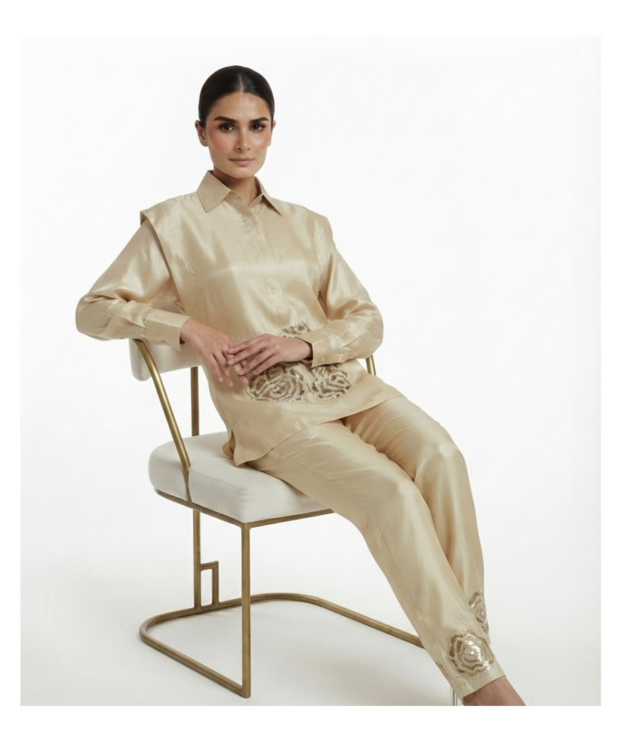 Women’s Champagne Beige Shirt-Style Top & Straight-Leg Pants Set - Image 3