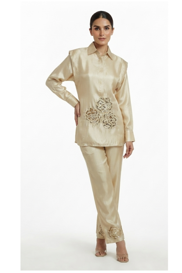 Women’s Champagne Beige Shirt-Style Top & Straight-Leg Pants Set