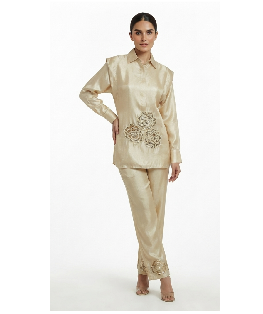 Women’s Champagne Beige Shirt-Style Top & Straight-Leg Pants Set