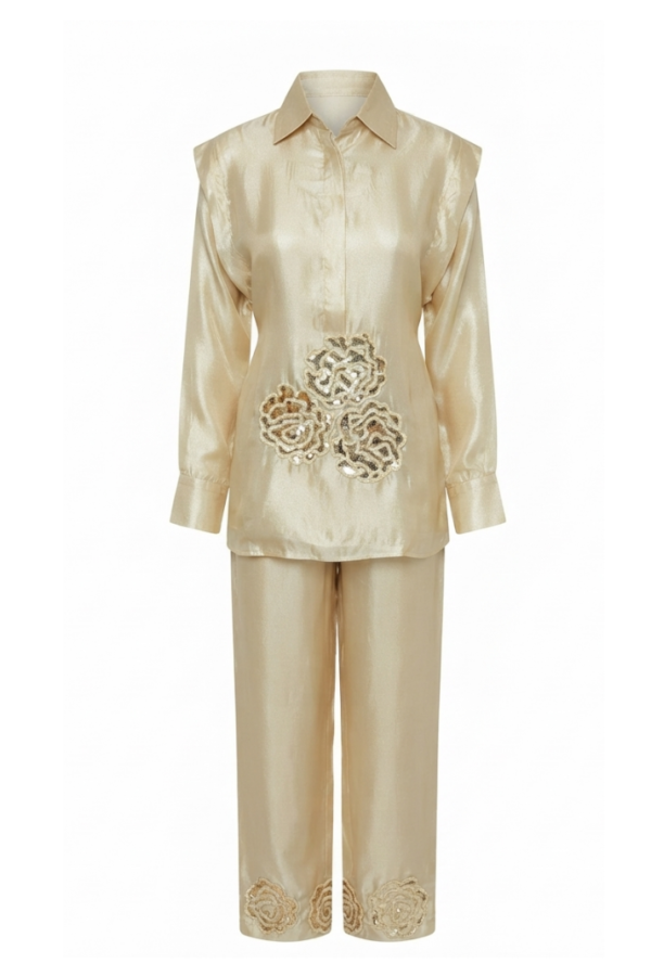 Women’s Champagne Beige Shirt-Style Top & Straight-Leg Pants Set