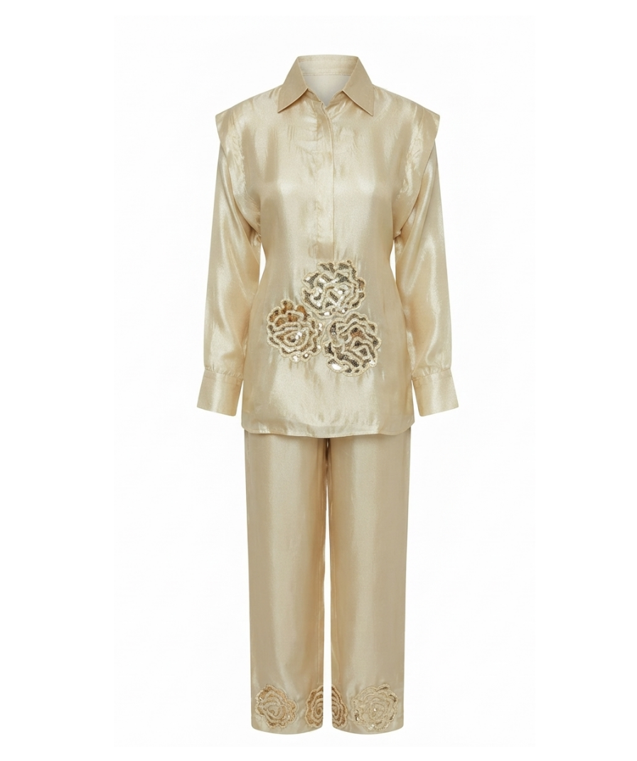 Women’s Champagne Beige Shirt-Style Top & Straight-Leg Pants Set - Image 2