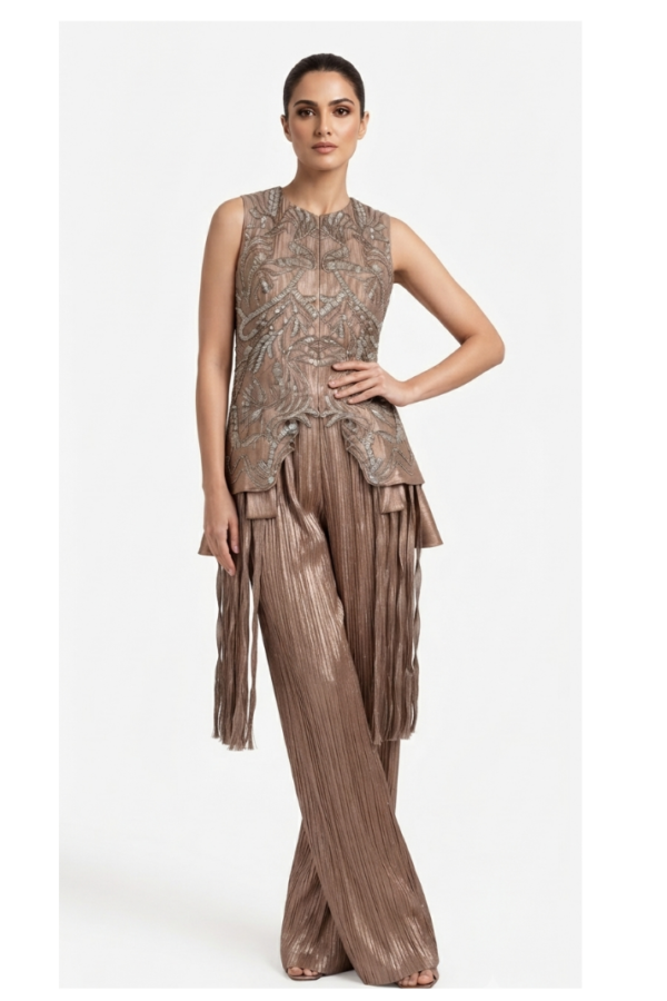 Taupe Embroidered Sleeveless Tunic with Pleated Wide-Leg Pants Co-Ord Set