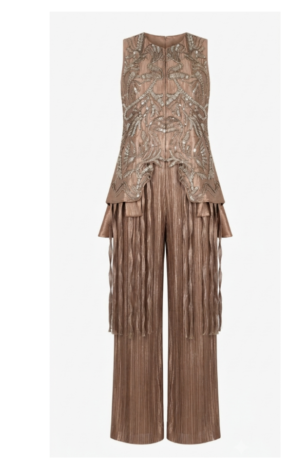 Taupe Embroidered Sleeveless Tunic with Pleated Wide-Leg Pants Co-Ord Set