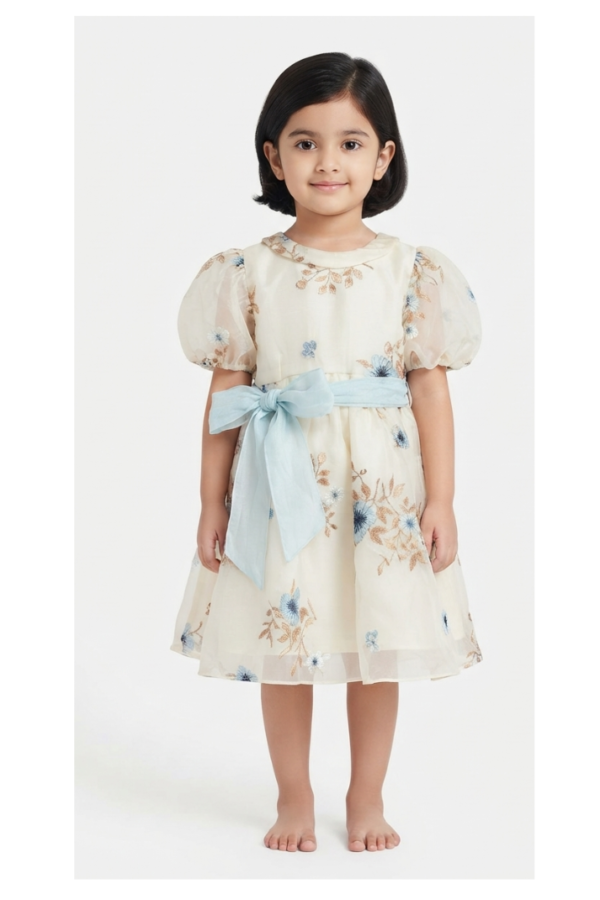 Ivory Floral Embroidered Girls' Fit & Flare Dress