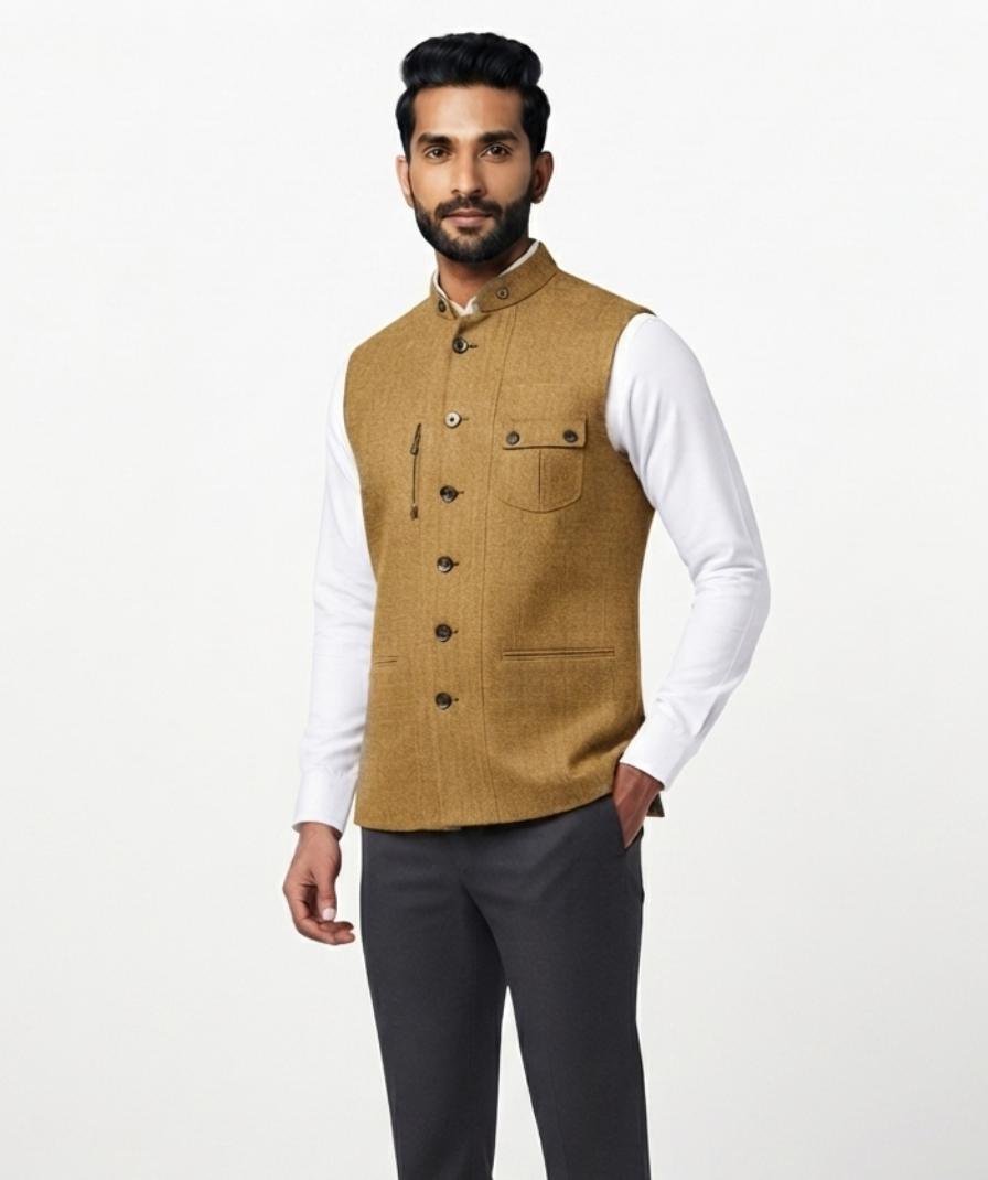 Mustard Textured Nehru Jacket