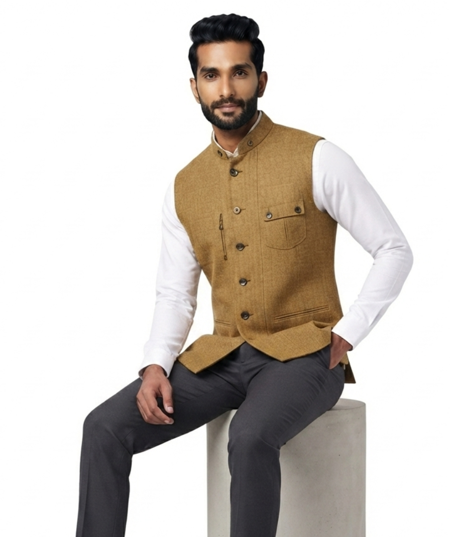 Mustard Textured Nehru Jacket - Image 2