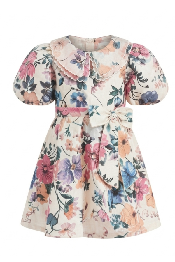 Ivory Floral Printed Girls' Fit & Flare Dress