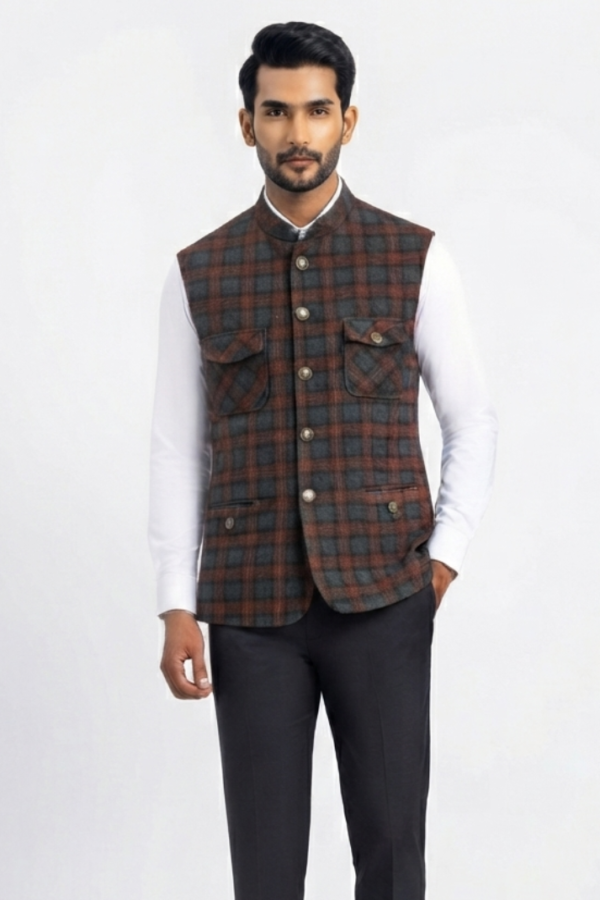 Brown & Charcoal Checked Nehru Jacket
