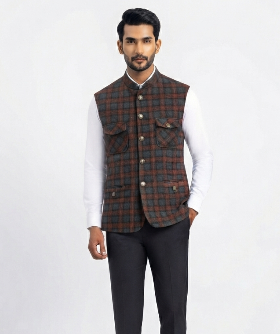 Brown & Charcoal Checked Nehru Jacket
