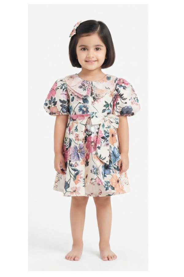 Ivory Floral Printed Girls' Fit & Flare Dress