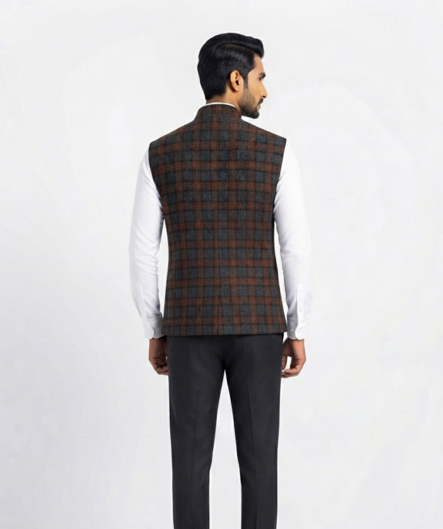 Brown & Charcoal Checked Nehru Jacket - Image 3