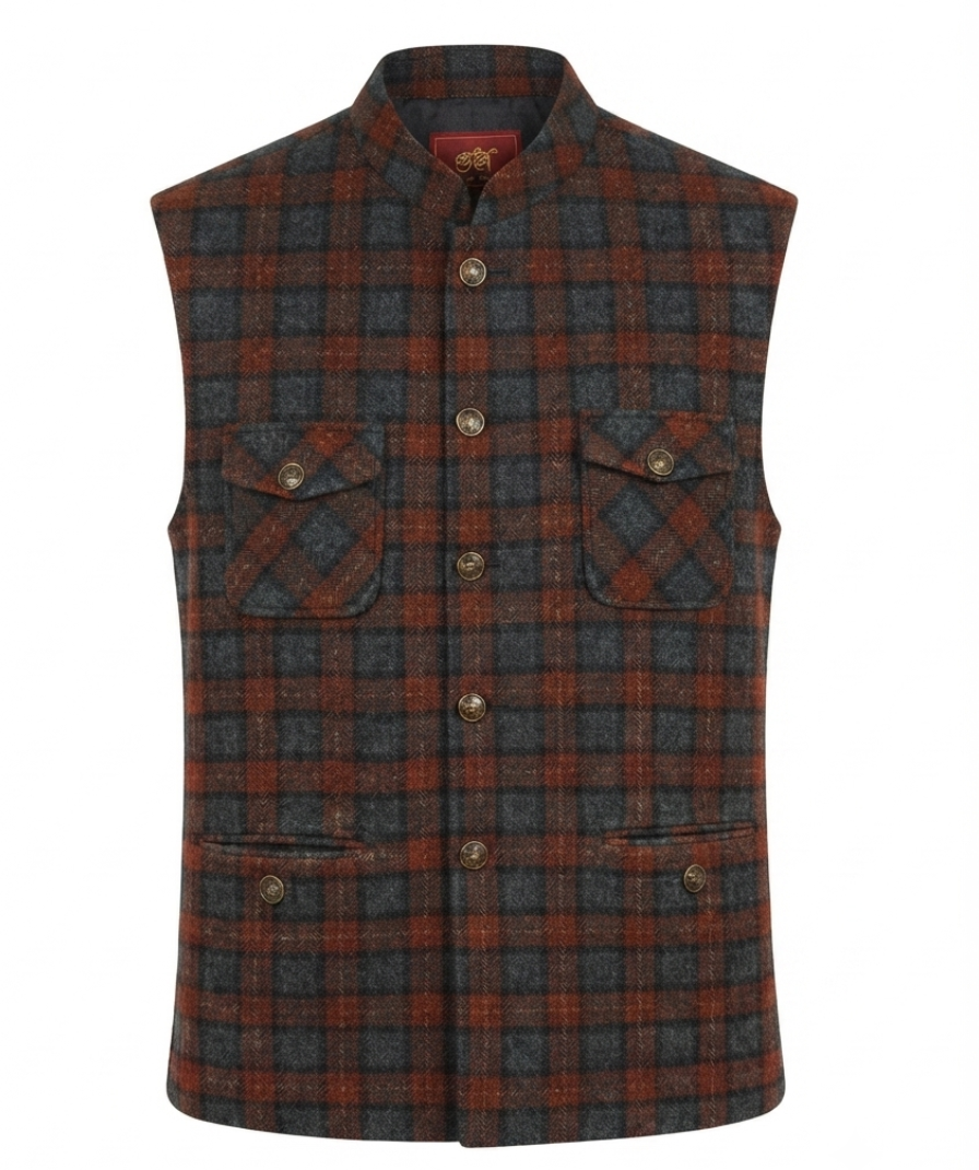 Brown & Charcoal Checked Nehru Jacket - Image 4