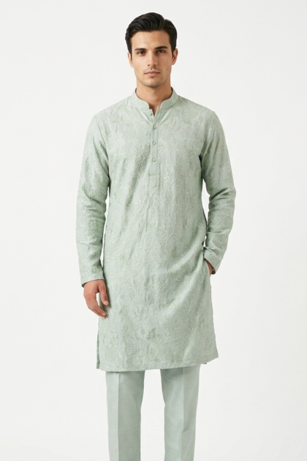 Men’s Pastel Green Textured Pattern Kurta