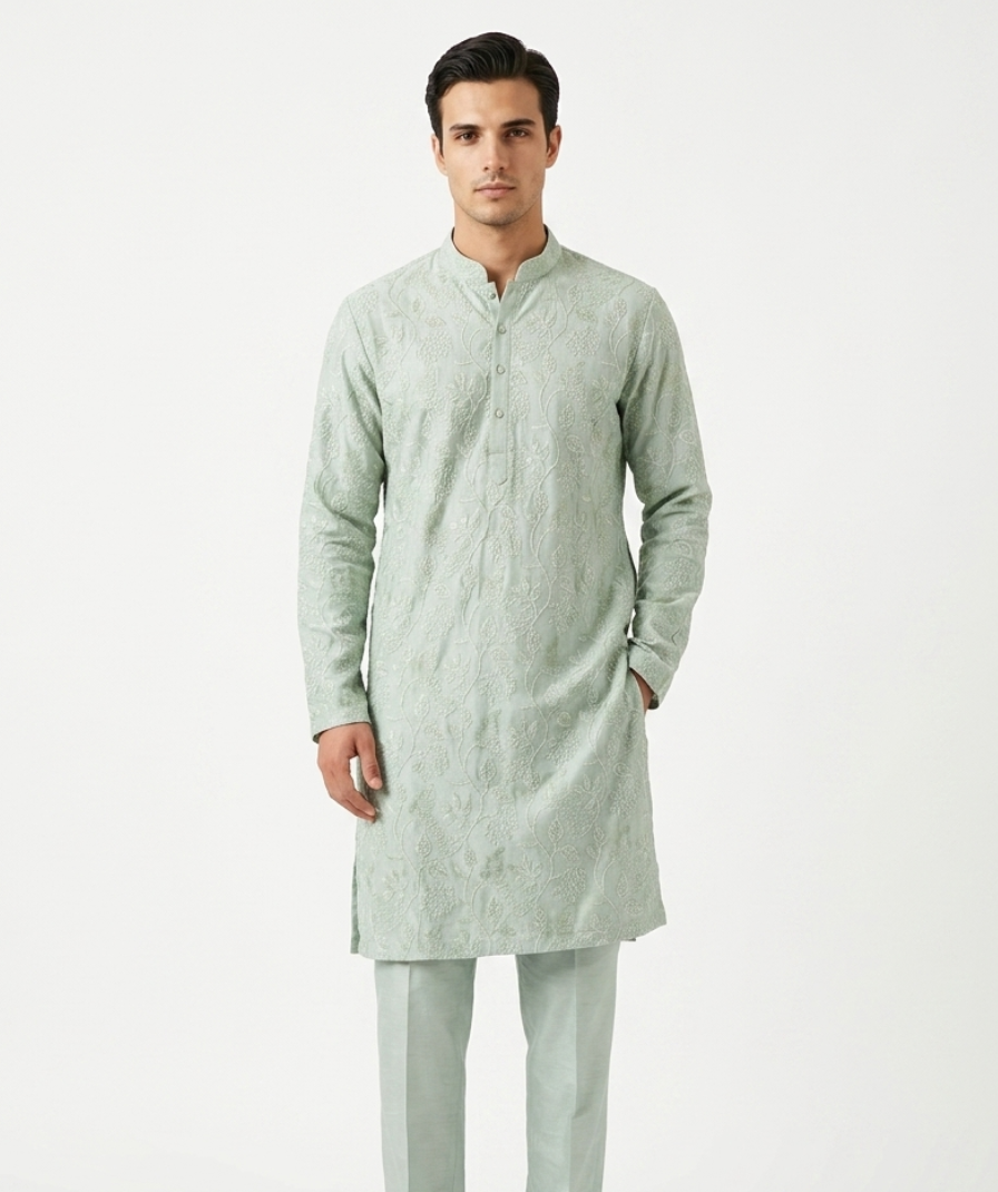 Men’s Pastel Green Textured Pattern Kurta