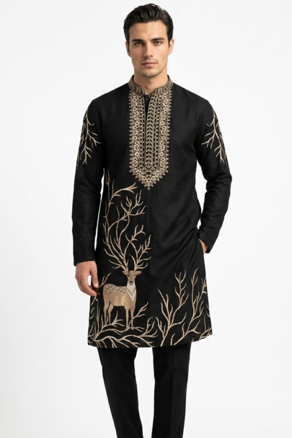 Men’s Black Deer Motif Embroidered Kurta