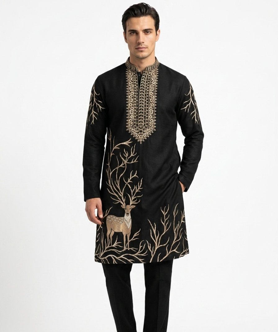 Men’s Black Deer Motif Embroidered Kurta