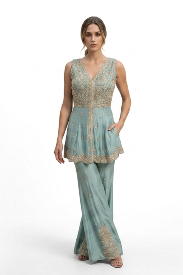Women’s Sage Green Embellished Peplum Top with Flared Pants Set