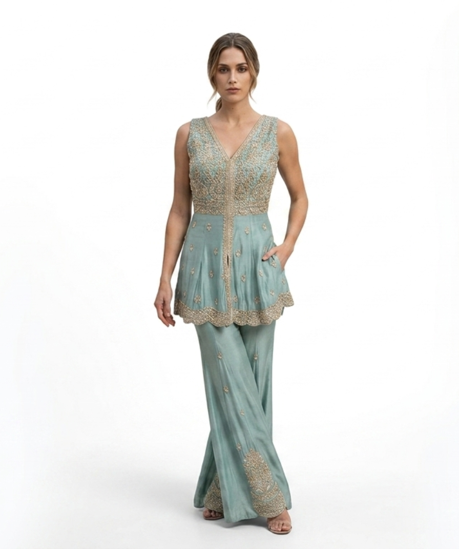 Women’s Sage Green Embellished Peplum Top with Flared Pants Set
