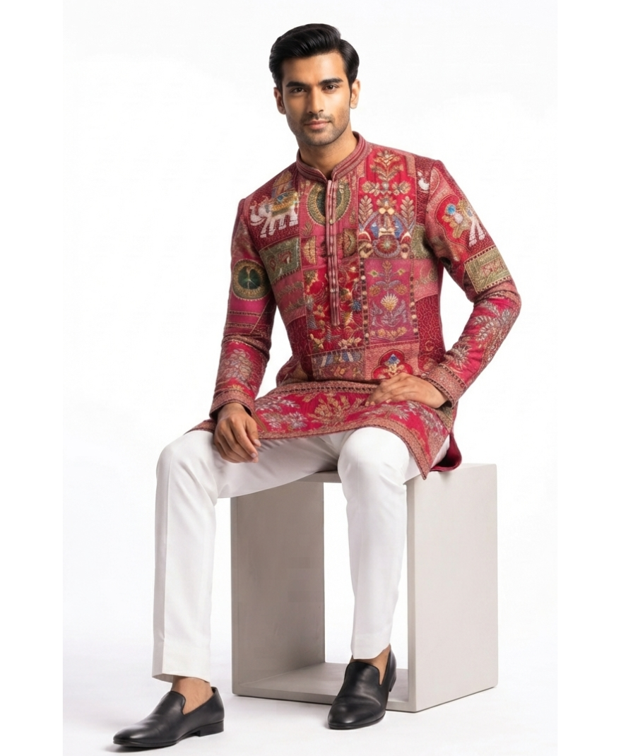 Maroon Multicolour Printed Patchwork-Style Kurta - Image 3