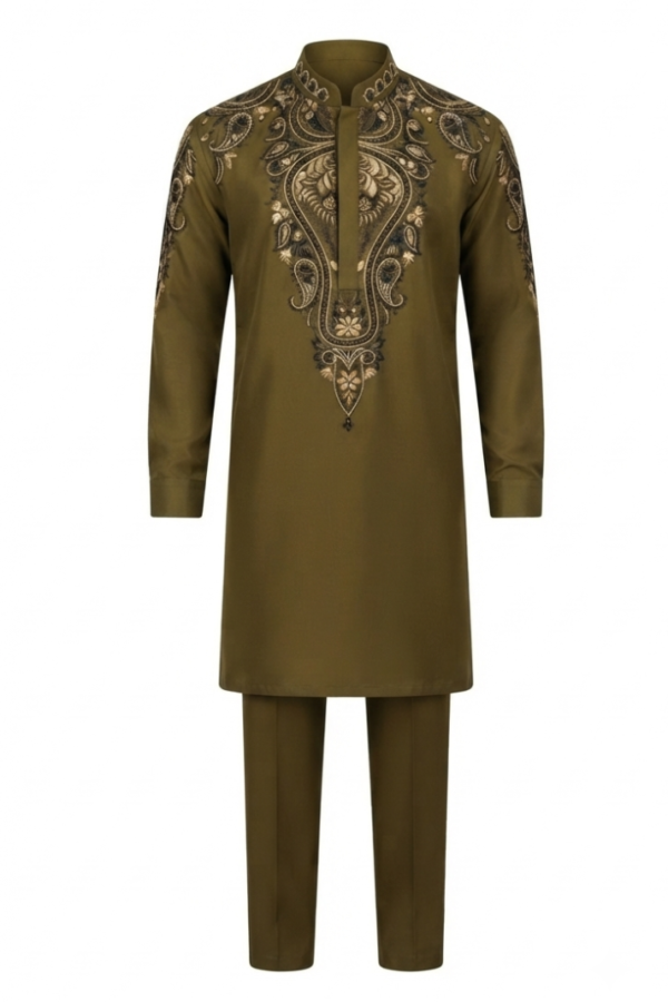 Olive Green Embroidered Kurta Pajama