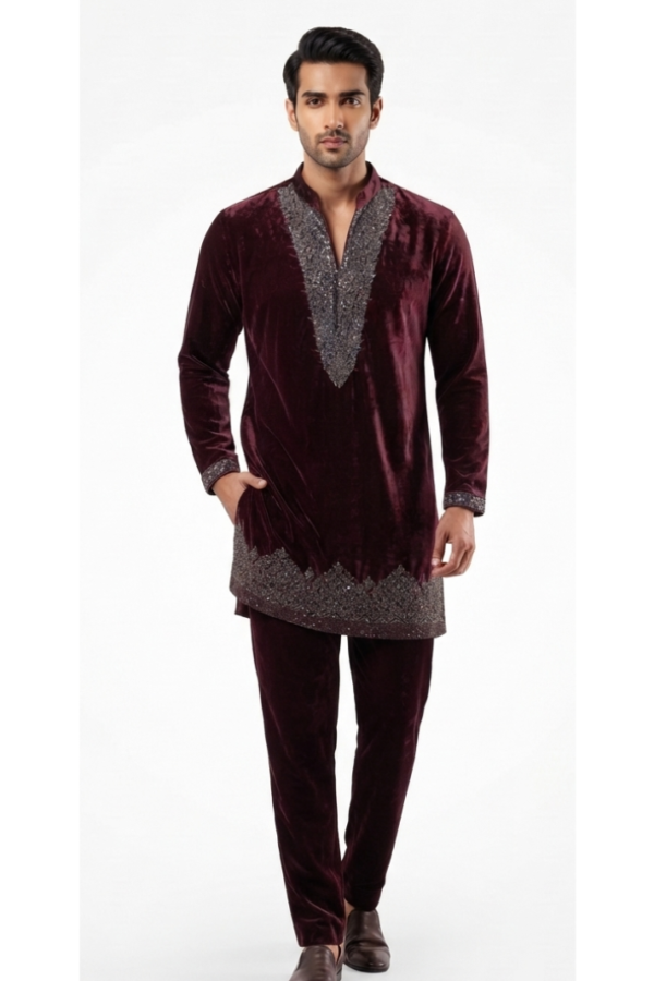 Burgundy Embellished Kurta Pajama Set