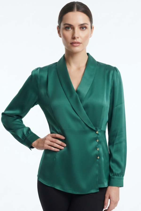 Emerald Green Solid Wrap-Style Top with Shawl Collar and Long Sleeves