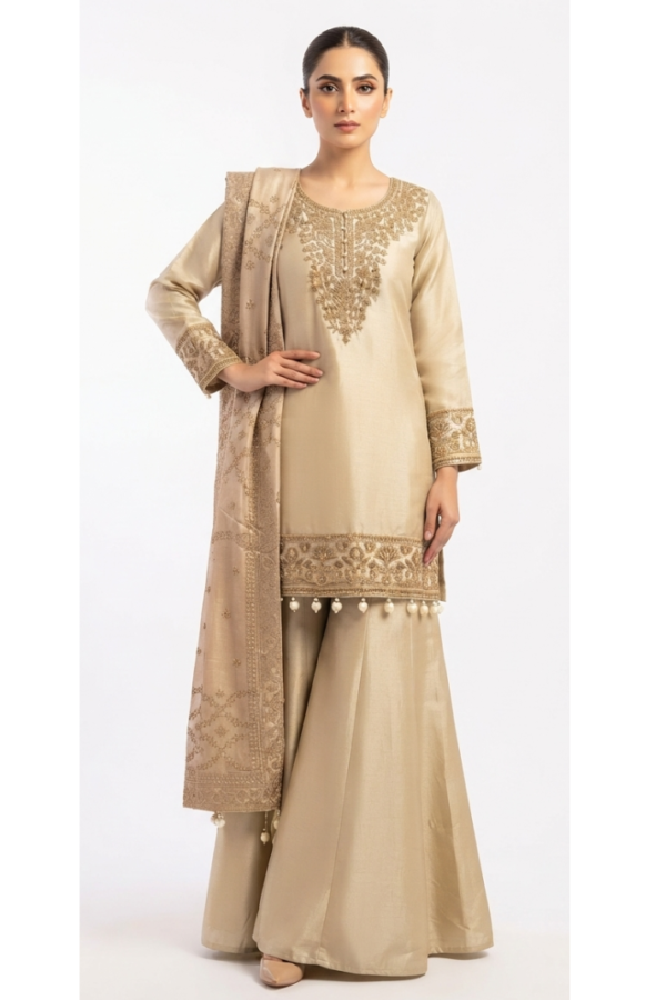 Women’s Beige Embroidered Kurta, Wide-Leg Pants & Dupatta Set